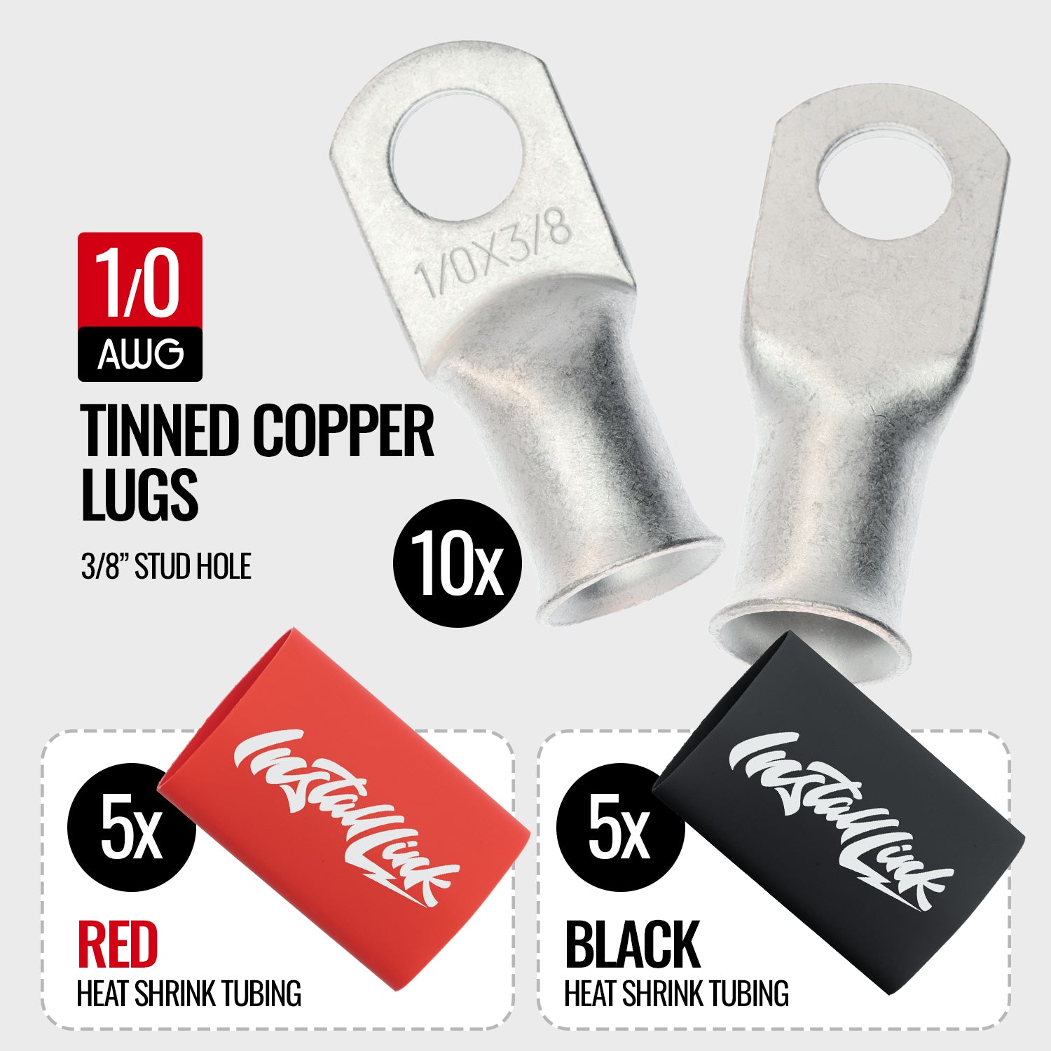 1/0 Gauge Tinned Copper Lugs (3/8") with Heat Shrink, 10-Pack image 1